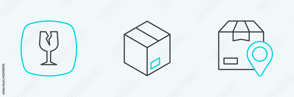 Poster set line location with cardboard box, fragile broken glass and carton icon. vector