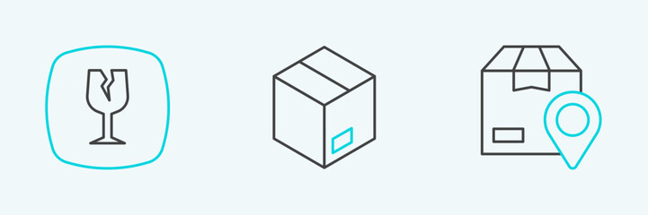 Set line Location with cardboard box, Fragile broken glass and Carton icon. Vector