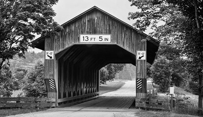 Vintage and historic wooden covered bridge on empty road