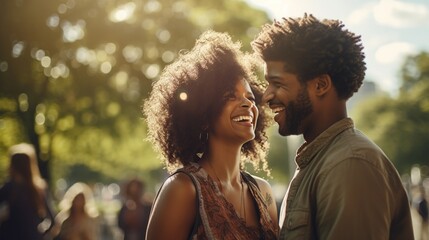 Young happy African American couple in love walking in the park in autumn
