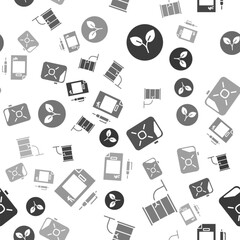 Set Bio fuel, Barrel oil leak, Canister for motor oil and Contract money and pen on seamless pattern. Vector