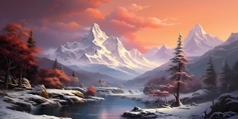 Poster Im Rahmen AI Generated. AI Generative. Winter snow ice chistmas xmas mountain forest lake landscape background. Adventure explore panorama. Oil paint draw canvas © Graphic Warrior