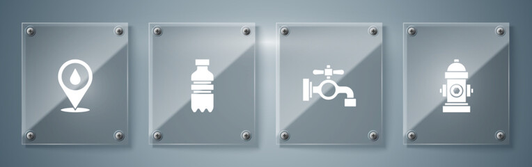 Set Fire hydrant, Water tap, Bottle of water and drop with location. Square glass panels. Vector