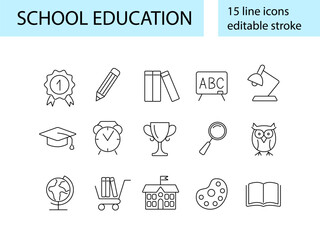 School education line icons collection. Globe, medal and winner cup. Back to School. Isolated vector illustration