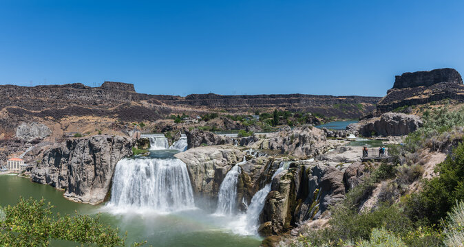 Panorama of Tourists Sightseeing at Shoshone Falls in July near Twin Falls, Idaho, USA