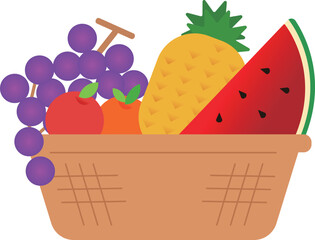Vector fresh and healthy fruits in basket flat illustration