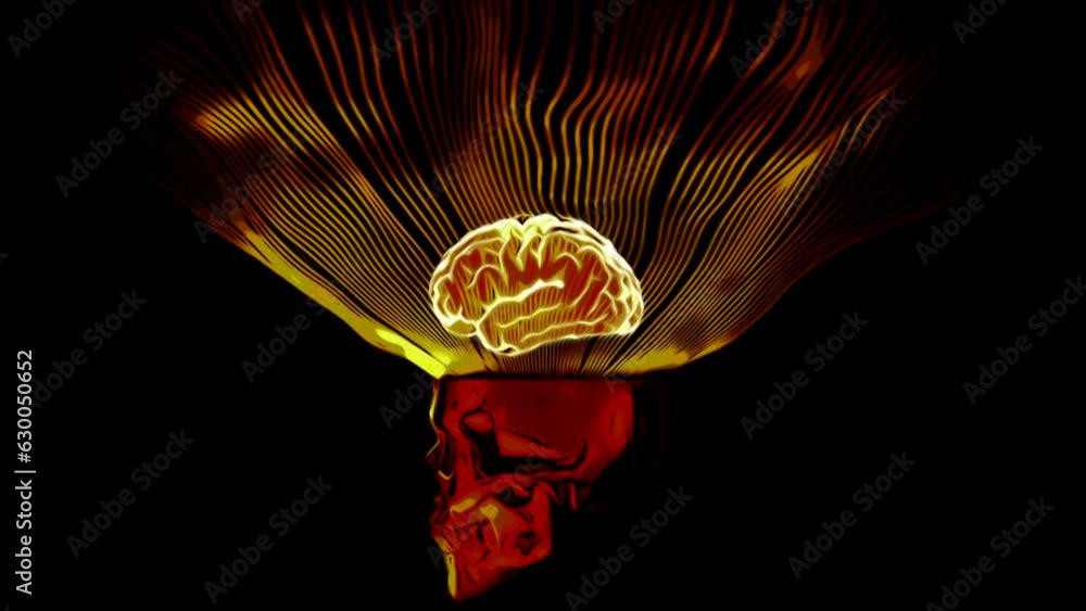 Poster 3d skull with brain illumination. design. bright neon brain with glow on black background. neon anim