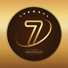 7th anniversary logo with a golden number and ring isolated on a golden pattern background, logo vector illustration