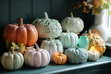 Modern interrior decoration with decorative pumpkins for autumn, thanksgiving, fall, halloween