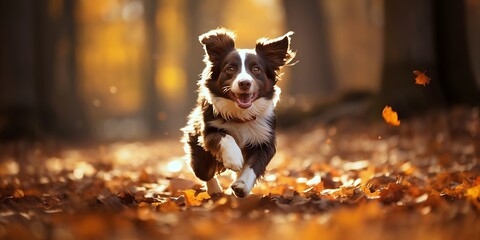 Happy black and white dog runs fast in the autumn park. A small dog joyfully jumps in the autumn yellow leaves.