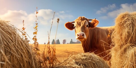 Happy cow with horns in an autumn field against the background of haystacks. The cow peeks out from...