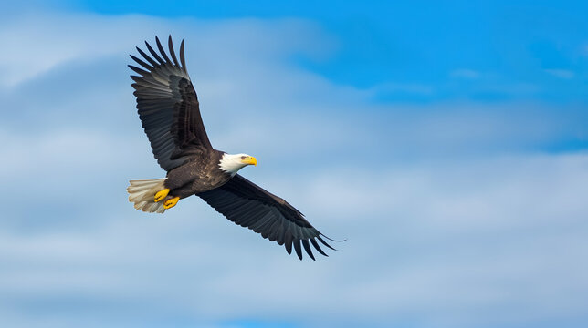 American bald eagle soaring against blue sky.