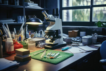 Naklejka premium Microscope and other tools on desk