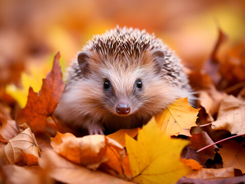 Cute hedgehog hides in autumn leaves. The hedgehog carries yellow leaves on its back. Baby hedgehog surrounded by pile of leaves. © Honey Bear