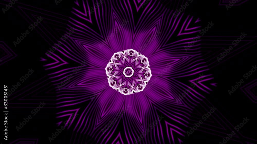 Poster pulsating mandala pattern with neon lines. design. floral pattern pulsates and shimmers on black bac