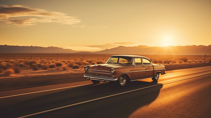 Fototapeta na wymiar A vintage car driving down a dusty Route 66 during sunset, dust trailing, long shadows, warm tones