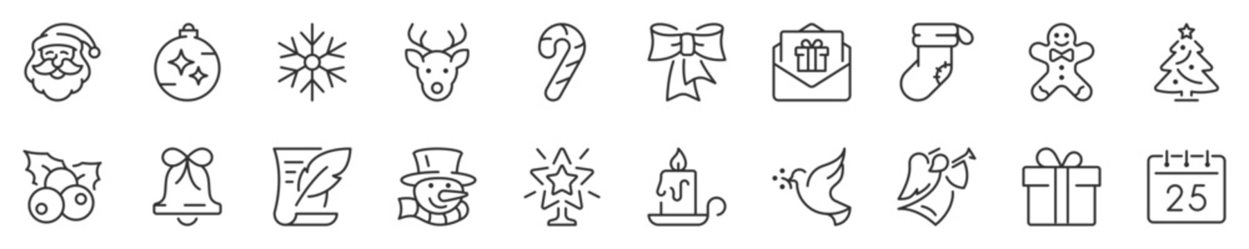 Christmas, party and celebrations thin line icon set 1 of 2. Symbol collection in transparent background. Editable vector stroke. 512x512 Pixel Perfect.