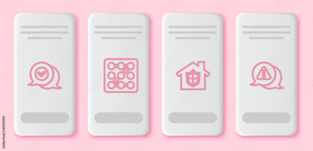 Poster set line check mark in speech bubble, graphic password protection, house under and exclamation trian