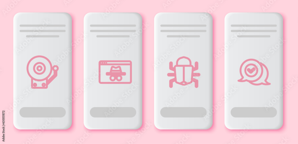 Poster set line ringing alarm bell, browser incognito window, system bug and check mark speech bubble. whit