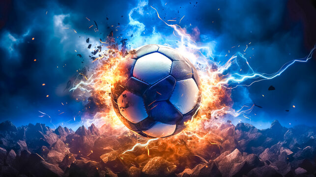 abstract soccer ball in a colorful explosion of fire energy and movement, sports performance, made with Generative AI