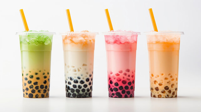 Taiwanese bubble tea, tapioca pearls visible at the bottom, pastel - colored straw in a clear glass, on a bright white background, minimalist style