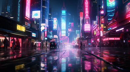 Epic wide shot of a futuristic cyberpunk cityscape at night, neon lights, billboards, reflections in the rain