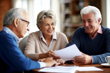 Senior couple discussing with financial insurance agent advisor. Generative Ai