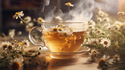 a steaming cup of chamomile tea, dried flowers floating, intense steam, moody, backlit by a soft morning light