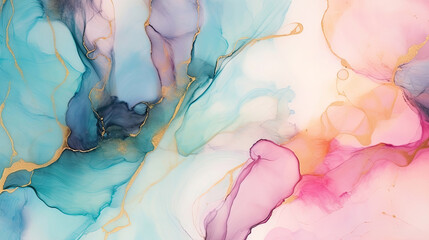 Alcohol ink horizontal background in blue and pink colors  with gold streaks. For covers, wallpapers, branding, greeting cards, invitations, social media and other stylish projects.