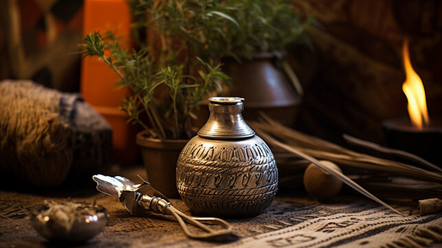 Argentinian yerba mate ceremony, hand - carved gourd, silver bombilla, and loose - leaf yerba, natural, rustic environment, warm lighting - Powered by Adobe