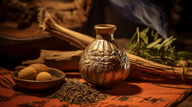 Argentinian yerba mate ceremony, hand - carved gourd, silver bombilla, and loose - leaf yerba, natural, rustic environment, warm lighting - Powered by Adobe