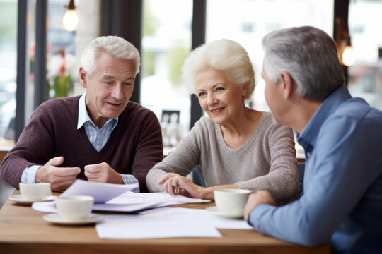 Senior couple discussing with financial insurance agent advisor. Generative Ai
