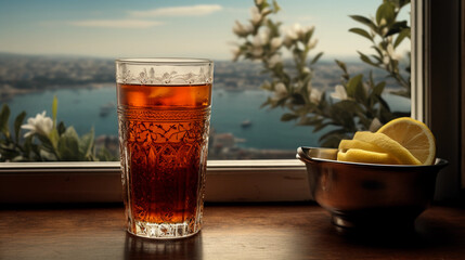 a Turkish tea glass with black tea, beautifully detailed etching on the glass, sugar cubes on the side, Bosporus view from the window in the background