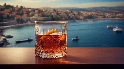 a Turkish tea glass with black tea, beautifully detailed etching on the glass, sugar cubes on the side, Bosporus view from the window in the background