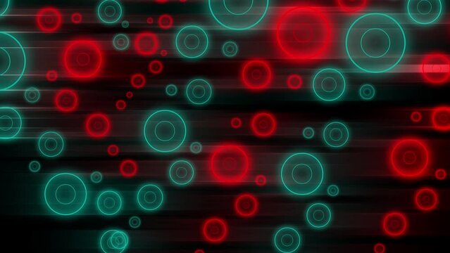 Slowly falling animation of red and blue neon circles. Drop down on black background. Blurred glowing light with litle bit flickering video effect