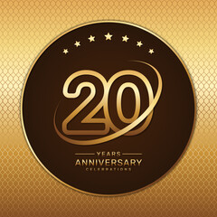 20th anniversary logo with a golden number and ring isolated on a golden pattern background, logo vector illustration