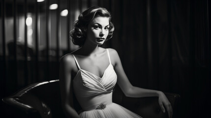 Naklejka premium Vintage 1950s styled portrait of a woman in a cocktail dress, soft focus, dramatic Hollywood lighting