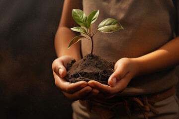 Kid's hand holding a plant sustainability growth