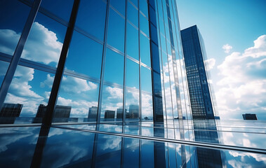 Fototapeta na wymiar Reflective skyscrapers, business office buildings. Low angle photography of glass curtain wall details of high-rise buildings.The window glass reflects the blue sky and white clouds. Generative AI