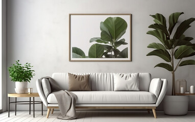 Obraz na płótnie Canvas Blank horizontal poster frame mock up in minimal Scandinavian white style living room interior, modern living room interior background, Ai generative.