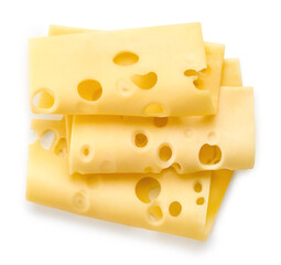 Three Maasdam cheese slices on white background