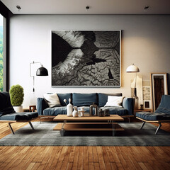Living room mockup: frame with painting hanging on a white wall over a sofa in a comfortable sitting room with a coffee table