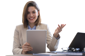 Attractive smiling woman working on a tablet on a transparent background