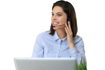 Female customer support operator with headset and smiling on a transparent background