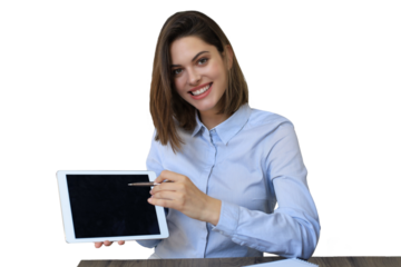 Young happy business woman showing blank tablet computer screen on a transparent background