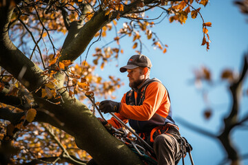 an arborist in the act of pruning trees, demonstrating the skills and precision required to maintain the health and aesthetics of trees in various settings Generative AI - obrazy, fototapety, plakaty