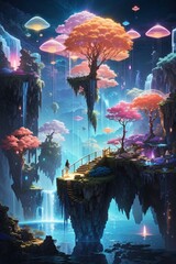 A magical realm suspended in the sky, where floating islands and waterfalls merge with colorful bioluminescent flora and fauna