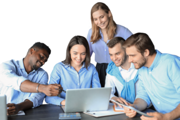 startup business team on meeting on a transparent background brainstorming, working on laptop and tablet computer