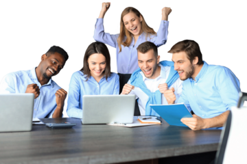 Happy business people laugh near laptop on a transparent background. Successful team coworkers joke and have fun together at work.