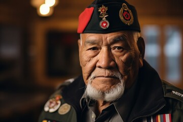 Proud Indigenous Veteran Adorned with Military Medals - obrazy, fototapety, plakaty